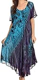 Sakkas 17682 - Ria Tie Dye Embroidered Cap Sleeve Wide Neck Caftan Dress / Beach Cover Up - Teal - OS