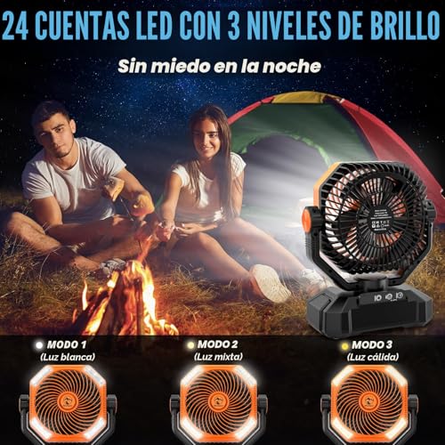 Camping Fan with LED Light, 20000mAh Rechargeable Automatic Vibration Fans for Outdoor Camping Tent with Remote, 5 Speed USB Desk Fan for Fishing, Picnic