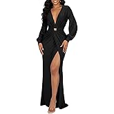HWP Women Deep V Neck Dress Sexy Long Sleeve Maxi Dress Elegant High Split Formal Cocktail Party Maxi Dress