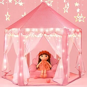 Moncoland Princess Castle Girls Play Tent Toy Kids Large Fairy Playhouse Gift for Children Toddlers Indoor and Outdoor Games with Star Lights(Pink)