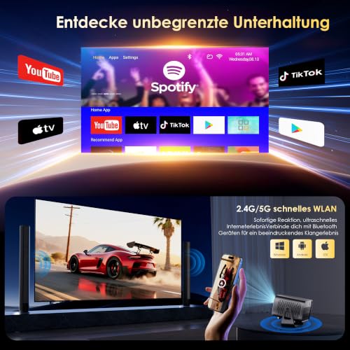 Mini Projector 4K Smart Projector Official App with Full HD 1080P, 1000 Lumens, Auto Focus and Keystone Correction, 360° Rotation, WiFi and Bluetooth, for Mobile Phone HDMI, TV Stick, Portable/Home