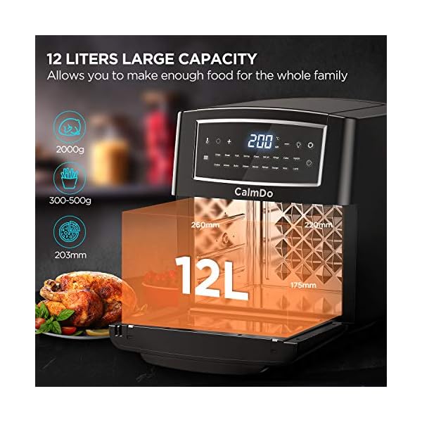 CalmDo Air Fryer Oven, 12 Liters Tower Low Fat Oven, 18 Preset Programmes Oil Free Frying Cooking with LED Touch Screen Temperature & Timer Control, 10 Accessories & Recipes Included (XX-Large)