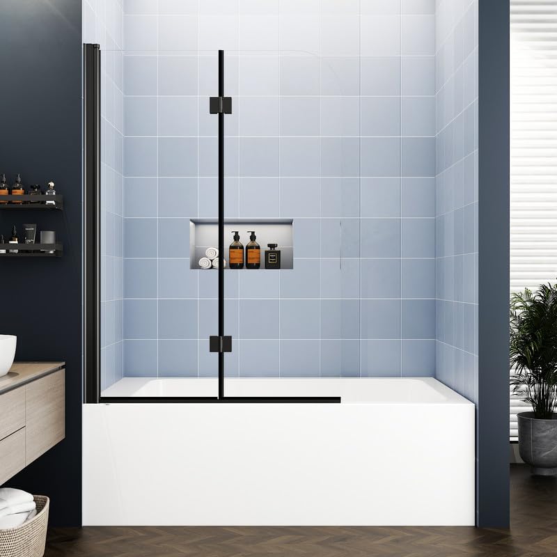 Photo 1 of ****UNKNOWN IF MISSING ANOTHER BOX , MAY BE A PARTIAL SET *** Foskbaths Bathtub Shower Door, Semi-Frameless Bath Tub Shower Door Foldable Hinged Bathtub Glass Door 42" W x 55" H Bathtub Door 1/4" Tempered Glass with Explosion-Proof Film Matte Black