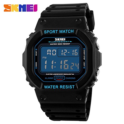 Digital Watch Fashion Casual Sport Waterproof Watch Digital Electronic LED Screen Watch Luminous Plastic Watch (Black/Blue)