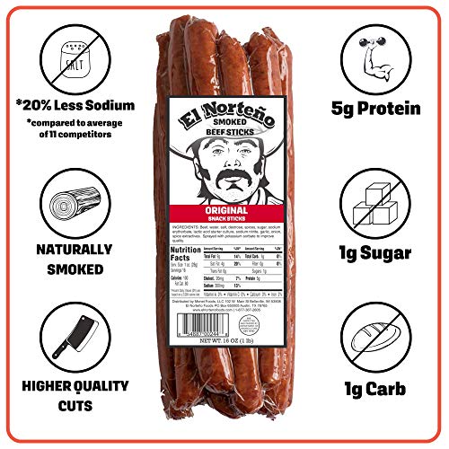 Original Bulk Beef Sticks - One Pounder Beef Jerky Sticks by El NorteÃ±o - Low Carb, Low Sugar Smoked Meat Sticks Proudly Made in the USA (16 - 1oz Snack Sticks)