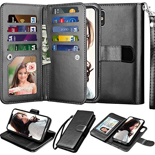 Njjex iPhone Xs Max Wallet Case, for iPhone Xs Max 6.5 Inch Case, PU Leather [9 Card Slots] ID Credit Folio Flip [Detachable][Kickstand] Magnetic Phone Cover & Lanyard for iPhone Xs Max 2018 [Black]
