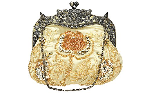 ILISHOP Women's Antique Beaded Party Clutch Vintage Rose Purse Evening Handbag (Gold)