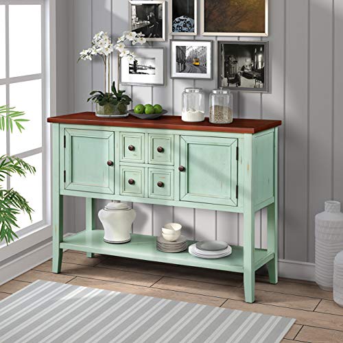 LOKESI Console Table Buffet Sideboard Sofa Table with 4 Storage Drawers Two Cabinets and Bottom Shelf (Antique Blue)