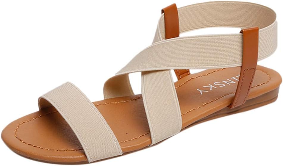 LILICAT Women's Elastic Summer Flat Sandals Women Low Heel Anti-Slip Beach Shoes Cross Strap Sandals Peep-Toe Sandals