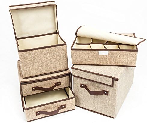Crazyworld 4 PCs Linen Storage Boxes Bins Baskets Containers with Lids and Handles, 2-tier Collecting Drawer Organizer and an 8-slot Dividers, for Bedroom Closet, Home, Nursery,Hospital.(Khaki)