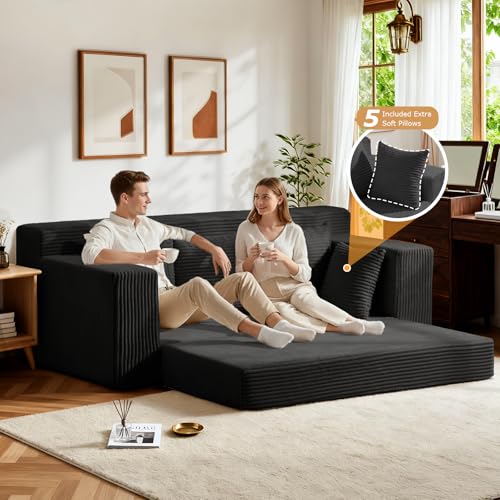 Winzoo Convertible Sofa Bed, Pull Out 3 Seater Sleeper Sofa, 70" Black Boneless Couch Fold Out Floor Couch with 5 Pillows for Living Room Bedroom Lounge Small Space