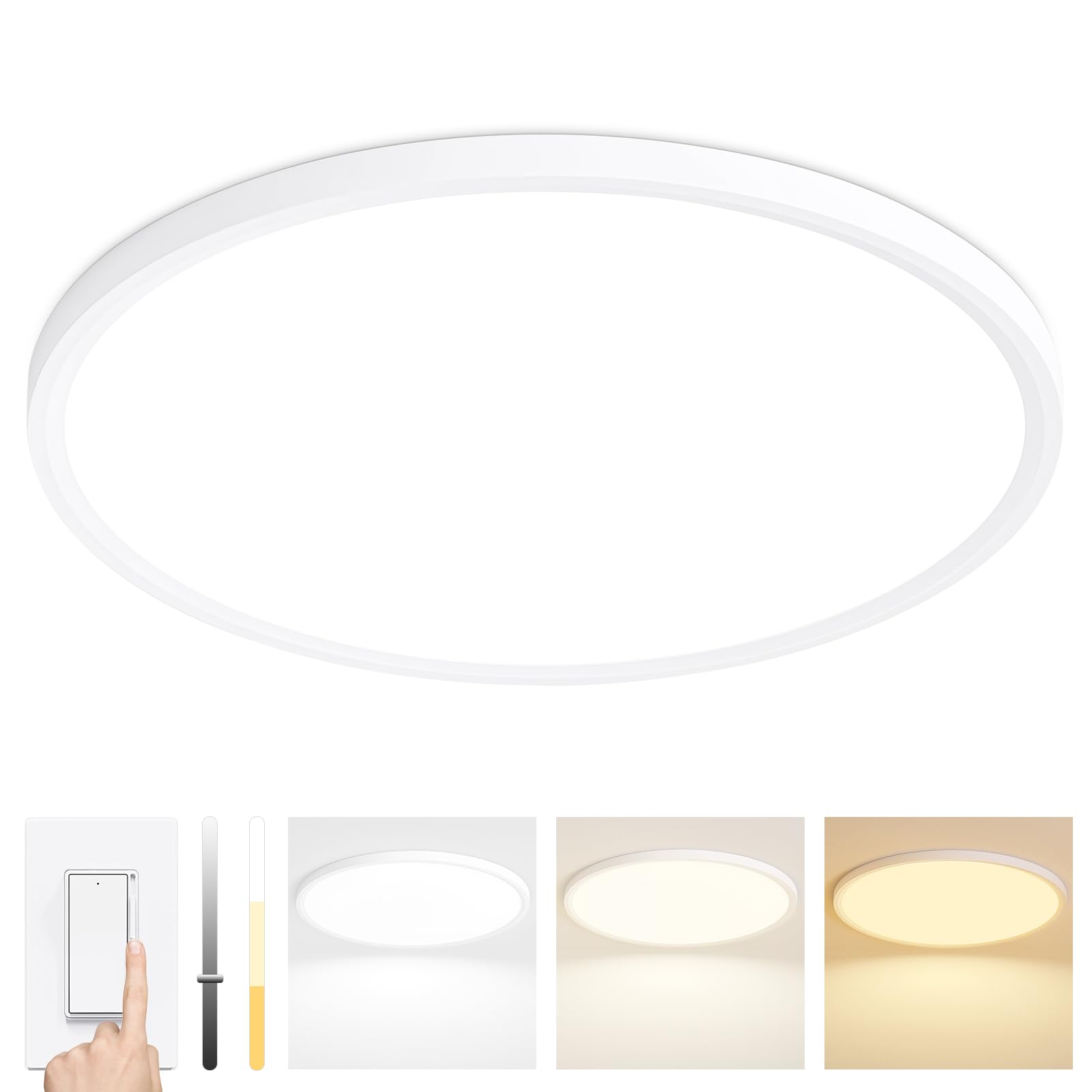Photo 1 of 24 Inch Dimmable LED Ceiling Light Fixture, Ultra Thin Flush Mount, 48W 4800Lumen, 3 Color Changeable, Round, White, for Dining Room, Living Room, Bedroom, Office, Hotel