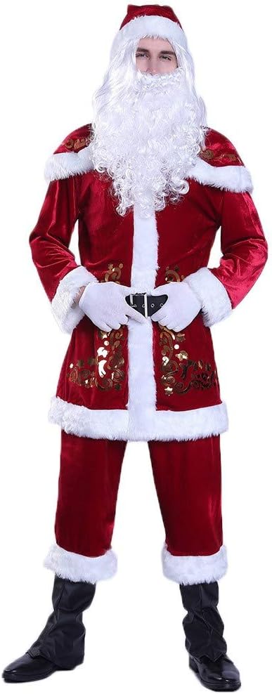 New Men Red Christmas Festival Printing Costume Hat + Beard + Belt + Gloves Set