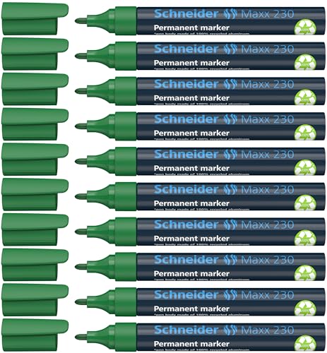 Schneider Maxx 230 Permanent Marker with Bullet Tip Refillable Cap-Off Ink Aluminium Barrel 1-3 mm Pack of 10 Green