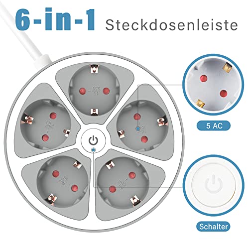 RealMade Steckdosenleiste 5 Fach, Mehrfachsteckdose mit Schalter, Verteilersteckdose Mit Kindersicherung, 1,5m Kabel Runde Mehrfachstecker, Steckerleiste für Büro Zuhause, Weiß+Grau