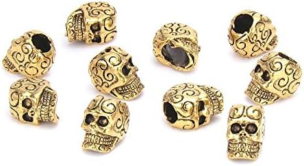 Set of 10 Roxy Jewels Ornate Pewter Sugar Skull Beads, Day of the Dead (Dia De Los Muertos), 10 X 9mm W/4mm Large Hole, Gold Pewter