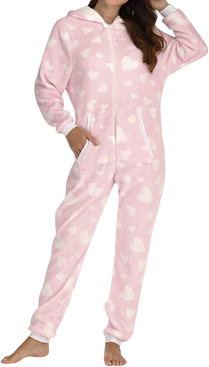 Loozykit Damen Jumpsuit Schlafanzug Teddy Fleece Reißverschluss Einteiler Overall mit Kapuze