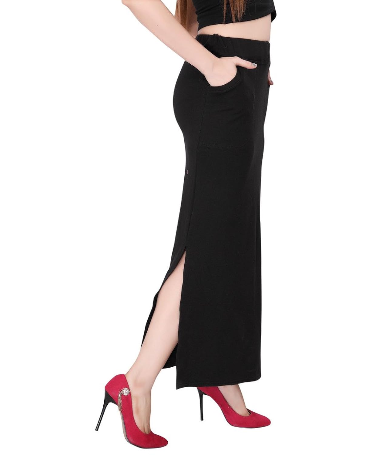 bfly women's cotton hosiery straight skirt -2 front pocket(black)