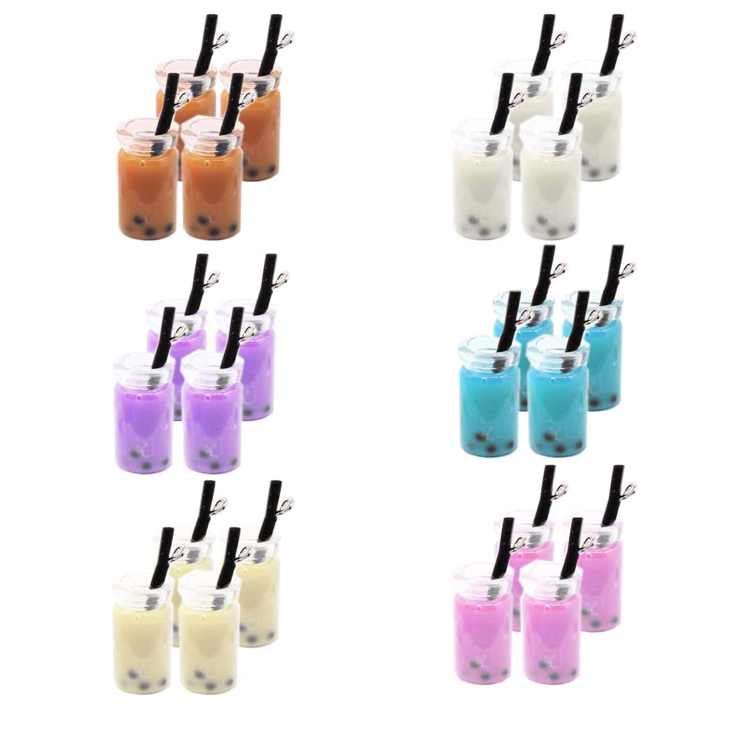 Borsgye 24 PCS Milk Tea Drink Charms Pendants Miniature Pearl Cup Embellishments Imitation Resin Boba Bubble Tea Faux Glass Bottle for DIY Jewelry Keychain Earrings Craft Scrapbook Phone Case
