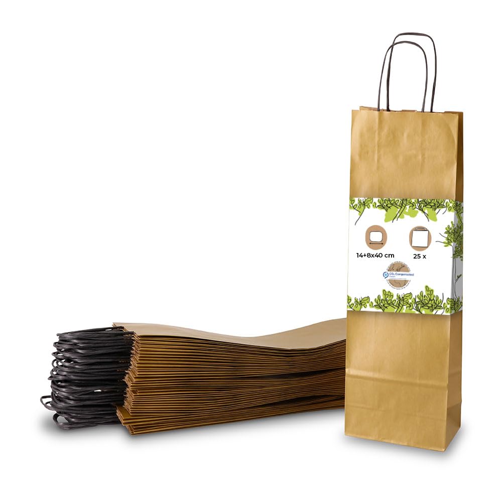 BIOZOYG Wine Gift Bag 25 Pcs 14 + 8 x 40 cm Gold - Gift Bags with Handles Wine Bottle Compostable Reusable - Bottle Gift Bag Retirement Wine Birthday Gift Liquor Liqueur