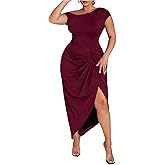 Floerns Women's Plus Size Asymmetrical Neck Long Dress Ruched Slit Hem Cocktail Dress