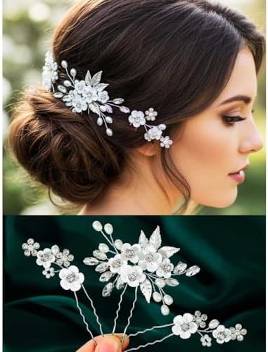 Gorais Flower Wedding Hair Pins Crystal Bridal Hair Pieces Pearl