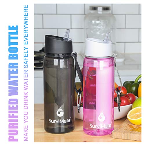 SurviMate Purified Water Bottle for Camping, Hiking, Backpacking and Travel, BPA Free with 4