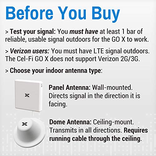 Cel-Fi GO X: The Only 100 dB Single Carrier Cell Phone Signal Booster for Homes & Offices - for Verizon, AT&T, Or T-Mobile - 1 Dome Antenna Kit