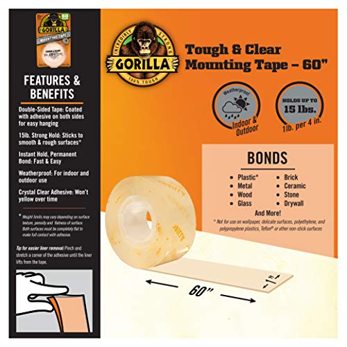 Gorilla Tough & Clear, Double Sided Mounting Tape, Weatherproof, 1" x