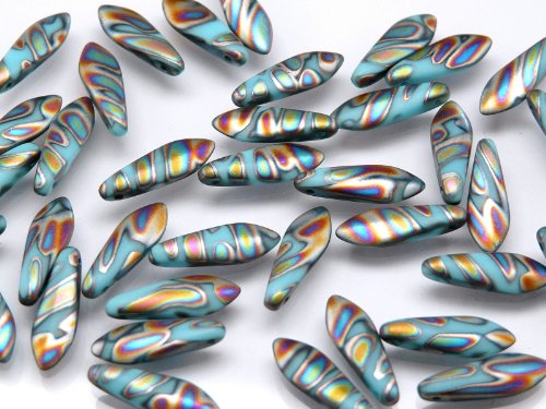 Czech Glass Dagger Beads TURQUOISE BLUE MAT Zebra Vitrail 5x16mm (10pcs)