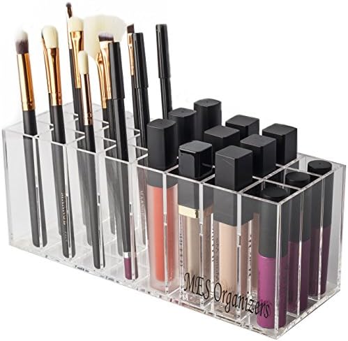 Acrylic Lip Gloss and Lipstick Organizer Holder – 24 Space Clear Cosmetic Storage Makeup Organizers for Counter for Lip Gloss/Tall Lipstick/Brushes/Eyebrow Pencil & Pen/Mascaras and Others