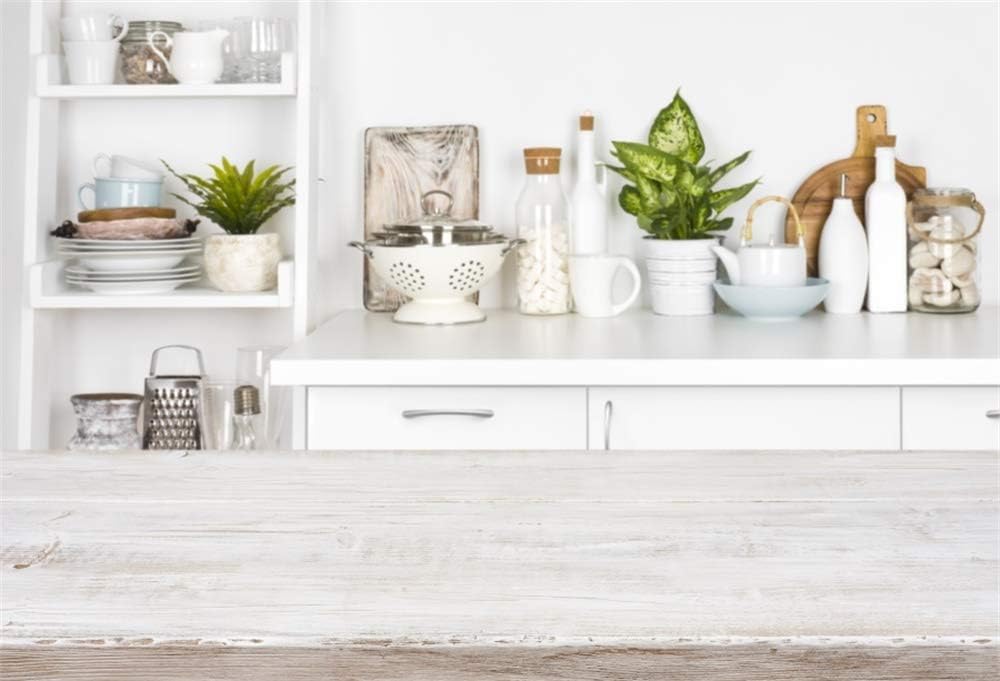 7x5ft Modern Home Kitchen Interior Backdrop Wooden Table Cabinet Shelf Appliance Photography Background Cooker Mother Mom Portrait Shooting Vinyl Photo Backcloth Screen