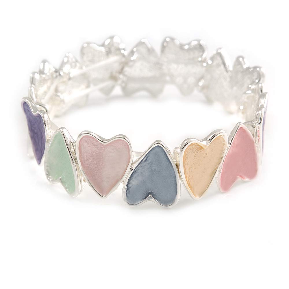 Avalaya Pastel Multi Enamel Heart Flex Bracelet In Silver Tone - 18cm Long