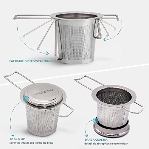 DINGHENG Teesieb Teefilter und Deckel/Abtropfschale,Rostfreies 304 Edelstahl Tee-Sieb für losen Tee,Premium Sieb,Faltbare – Bild 4