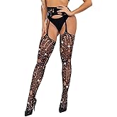 CanB Rhinestone Fishnet Stockings High Waist Tights Sexy Fishnets Thigh Suspender Pantyhose Stockings for Women and Girls