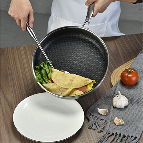 HODRME Stainless Steel Semi Nonstick Frying Pan with Lid 12 Inch