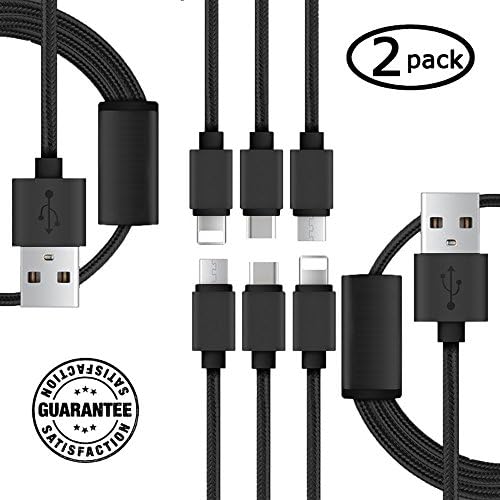 USB 3 in 1 Cable (2 Pack) - Long 3.3 Feet Nylon Braided Durable Quick Charge &amp; Data Connection Lightning MFI Certified Micro Type C Every4Less iPhone 7 Plus (Black + Black)