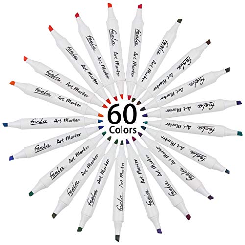 Feela 60 Colors Dual Tips Art Twin Markers, Marker Pens Highlighters with Case for Painting Coloring Sketching Highlighting