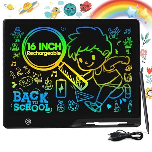 POPERFUN 16 Inch LCD Writing Tablet for kids, Colorfuls Doodle Board, Rechargeable Kids Drawing Pad Education and Learning Toys for Ages3 4 5 6 7 8 Christmas Birthdays Gifts for Girls Boys Adults