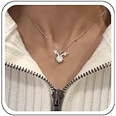 Ximdble Vintage Crystal Deer Antler Choker Necklace Silver Cz Elk Head Pendant Necklace Rhinestone Antler Deer Choker Crystal Dot Choker Necklace Chain for Women