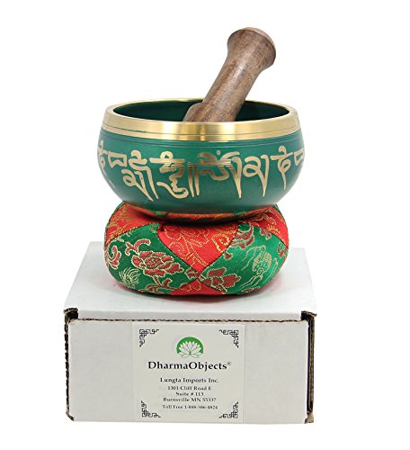 DharmaObjects Tibetan Meditation Om Mani Singing Bowl / Cushion / Mallet (Green)