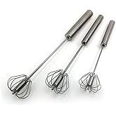 Fnoko Stainless Steel Semi-automatic Egg Whisk - 3PCS Hand Push Rotary Whisk Blender, 8in,10in,12in, Silver-8IN-10IN-12IN