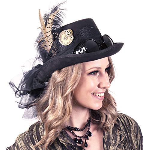 Narwhal Novelties Deluxe Halloween Costume Hat; Black, Velvet 4.5" Steampunk Hat with Removable Steampunk Goggles Attached Feather, Gears