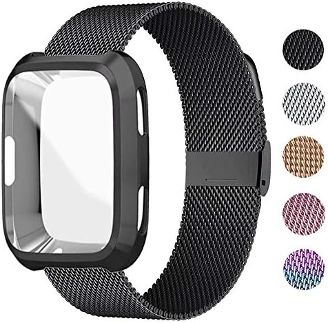 UHKZ Compatible for Fitbit Versa Bands, Stainless Steel Mesh Sport Metal Wristband Loop Accessories for Women Men with Fitbit versa Screen Protector Case Compatible for Fitbit Versa/Versa 2 Smartwatch