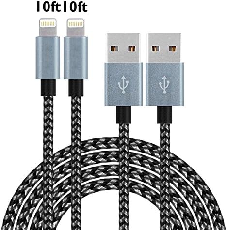 2Pcs 10FT/3M Extra Long Nylon Braided Charging Cable Cord 8-Pin Lightning to USB Cable Charger Compatible with iPhone 7/ 7 Plus/6/6s/6 plus/6s plus, iPhone 5/5s/5c,iPad, iPod,iPod(Black+Gray)
