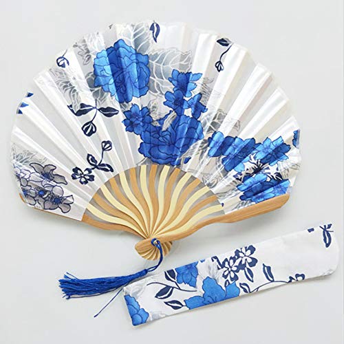 1SourceTek Silk Hand Held Folding Fans 8.27 inches (21cm) Women Hand Held Folding Fans With a Fabric Sleeve Protection for Gifts - Chinese Retro Style (Blue And white Porcelain)