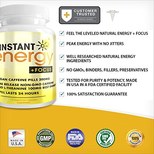 Instant Energy and Focus Supplement Vegan Caffeine Pills 200mg Time