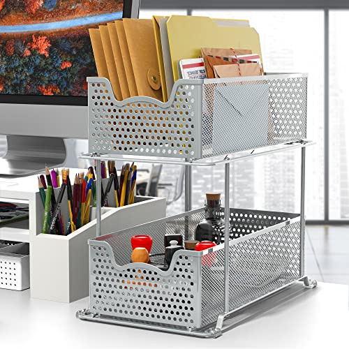 SimpleHouseware 2 Tier Sliding Cabinet Basket Organizer Drawer, Silver