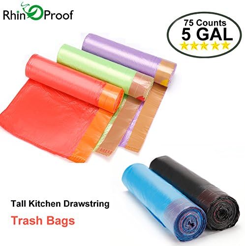 Trash bags by RhinOProof Garbage Bags Kitchen Wastebasket Bags Drawstring Strong Durable Thicken Fit 19 Liter Trash Can Liner 5 Gallon 0.48 Mil 75 Count Color Random