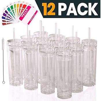 SKINNY TUMBLERS 12 Clear Acrylic Tumblers with Lids and Straws | Skinny, 16oz Double Wall Clear Plastic Tumblers With FREE Straw Cleaner & Name Tags! Reusable Cup With Straw (Clear, 12)
